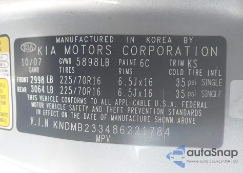 2008 Kia Sedona Lx из США, поврежденный, VIN KNDMB233486221784